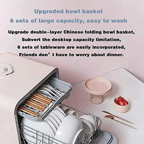 Fully Automatic Countertop Dishwasher With 5L Built In Water Tank And Inlet Hose Featuring Five Programs Rapid 40 Minute Steam Baby Care Sanitizer Auto Air Dry Led Panel Straight Up Reliable Tabletop Washer That Scrubs Clean Effortlessly showing upgraded bowl basket with 6 sets of tableware.