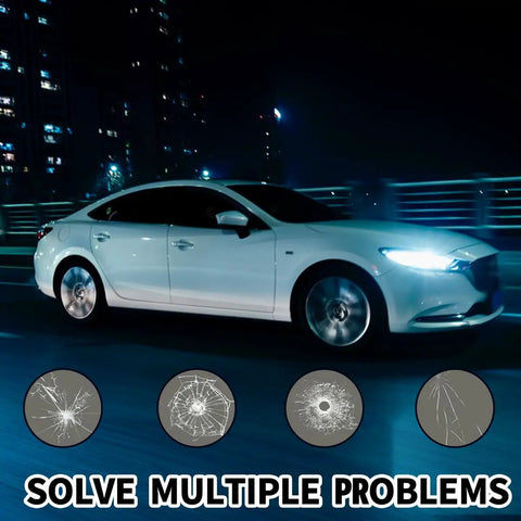 Car image with four types of windshield cracks underneath, promoting Windshield Crack Repair Kit Pro 2025 Premium Glass Repair System