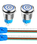 Two Pack 16mm Stainless Steel Latching Push Button Switch Waterproof IP65 12V 24V 5A SPDT On Off 1NO1NC With Blue LED And Wire Socket