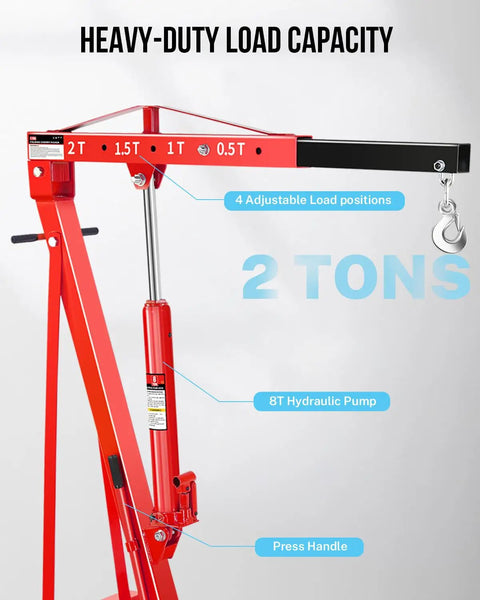 Two Ton Hydraulic Engine Hoist Shop Crane With Six Steel Casters Heavy Duty Portable Lift For Car Transmissions Boat Motors And Farm Equipment No Sweat One Person Setup