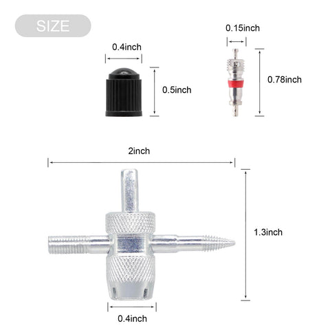 Ultimate Tire Valve Removal Kit With 20 Valve Cores And 10 Caps 4 Way Valve Tool dimensions and size chart