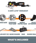 Compact Palm Saw With 3 Amp Motor And 3 3/8 Inch Blade For Clean Cuts Through Wood Aluminum Siding And Tile, includes various blades and attachments.