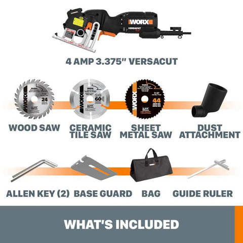 Compact Palm Saw With 3 Amp Motor And 3 3/8 Inch Blade For Clean Cuts Through Wood Aluminum Siding And Tile, includes various blades and attachments.