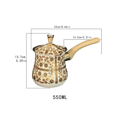 Stainless Steel Turkish Coffee Pot With Long Wooden Handle, Milk Warmer And Butter Melter, Multipurpose Kitchen Accessory, 550Ml Capacity, Rust Resistant, Easy Clean, Brown Pattern