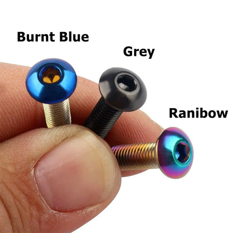 10 Pack M5x12mm Button Head Bike Screws Stainless Steel Allen Bolts in burnt blue, grey, and rainbow finishes for water bottle cages.