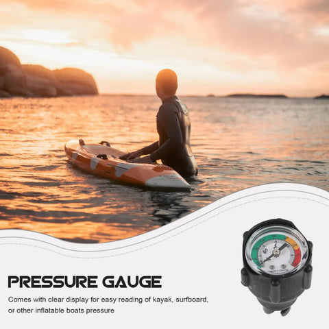 Inflatable Boat Air Pressure Gauge With Digital Display For Kayaks, Paddle Boards And Surfboards next to a sunset kayaker
