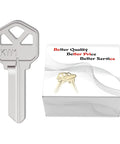 Premium Copper Key Blanks Pack Of 50 For Locksmiths And DIY Projects showing KW1 copper blank and packaging