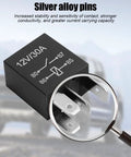 Heavy Duty 4 Pin 12V 30A Automotive Starter Relay showing silver alloy pins for improved conductivity and performance.