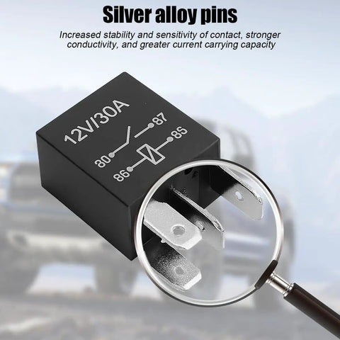 Heavy Duty 4 Pin 12V 30A Automotive Starter Relay showing silver alloy pins for improved conductivity and performance.