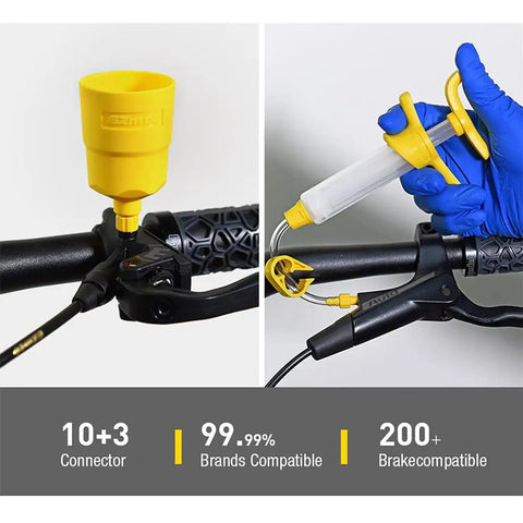 All-In-One Hydraulic Disc Brake Bleed Kit for Most Bike Brakes shown with adapters and syringe on bike handlebars.