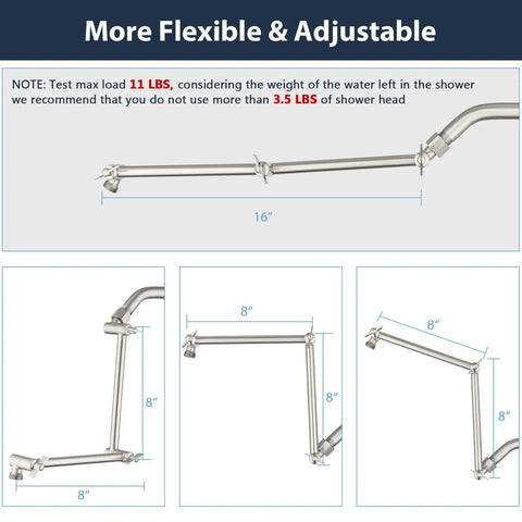 16 Inch Solid Brass Shower Arm Extension For Rain And Handheld Shower Heads With Adjustable Height G One Half Universal Connection
