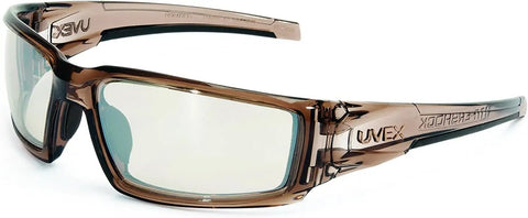 Rock Solid Safety Glasses Five Pack Brown Frame With Sct Reflect Fifty Lens And Antiscratch Coating For Construction Shop Gear Up With Kickin Glare Reduction And Hella Durable Protective Eyewear For Work And Outdoor Adventures, showcasing side profile and lens details.