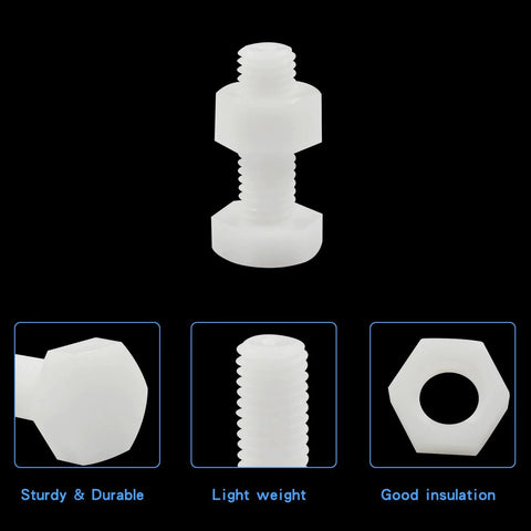 Twenty Pair M10 By 30mm Nylon Hex Bolts And Nuts Set For DIY Full Thread Hex Head Screws White Plastic Bolts With Nuts