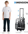 Transparent rolling backpack with wheels and three stage telescopic handle, shown next to a person for size comparison, clear design.