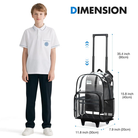 Transparent rolling backpack with wheels and three stage telescopic handle, shown next to a person for size comparison, clear design.