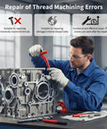 Mechanic using 15 Piece Helicoil Thread Repair Kit M14x1.5 Female Thread Inserts Accessory Set on engine block in workshop