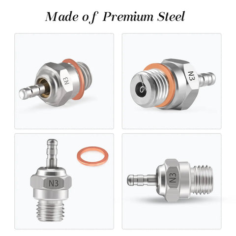 N3 Hot Spark Glow Plug For RC Nitro Engines Pack Of 5 Pro Grade Platinum Iridium with rubber ring, side and top views