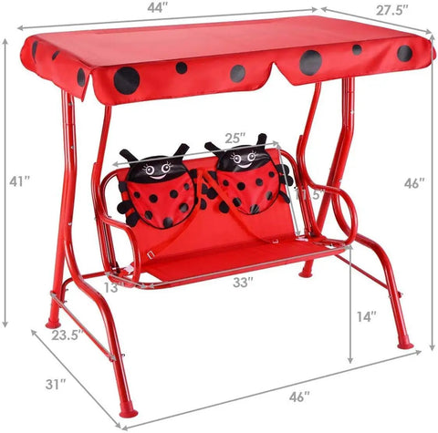 Two Seat Porch Swing With Adjustable Canopy And Stand, Kid Friendly Outdoor Swing Bench For Backyard Garden Or Poolside, Metal Frame, Safety Belts, Removable Top Shade Canopy, Weatherproof And Durable Construction