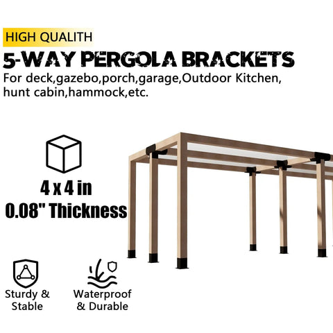 Five Way Right Angle Corner Pergola Brackets For 4 By 4 Wood Beams Actual 3.5 By 3.5 Inches Beefy Heavy Duty Steel With Hardware Outdoor Gazebo DIY Woodwork Bracket For Patios And Cabins