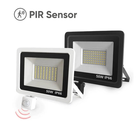 Led Pir Motion Sensor Led Flood Light Ac220 100W 50W 30W Outdoor Ip66 Waterproof Projector Spotlight Led Exterior Street Light for Court,Garden,Warehouse，30w-30，30w-3000K WARM LIGHT_WHITE SHELL in white and black with PIR sensor.