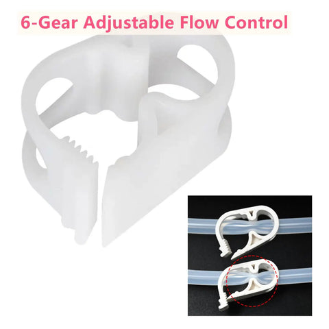 Close-up of 24 Pack Adjustable Plastic Tubing Clamps For Quarter To Half Inch Tubing showing 6-step flow control feature