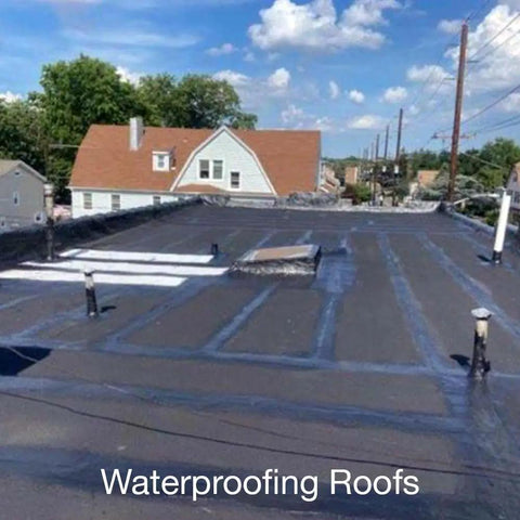 Heavy Duty Liquid Waterproofing Membrane Kills Leaks And Stops Cracks Cold On Roofs Decks And Bathrooms applied on a flat roof.