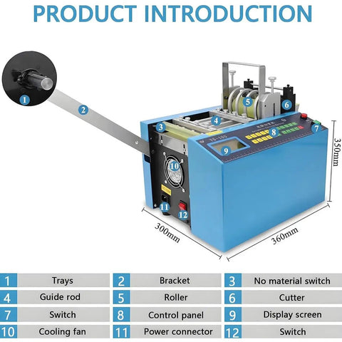 Heavy Duty Automatic Heat Shrink Tube Cutting Machine, 250W Electric Cable Cutter with control panel and cooling fan.