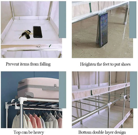 Heavy Duty Portable Hanging Closet Wardrobe With Thickened Steel Pipes And No Fuss Assembly For Roomy Apparel Organization In Tight Spaces Built To Last Rack showcasing items on shelves and hanging clothing.