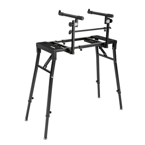 Portable Dual Laptop Stand With Adjustable Height And 2 Tier DJ Workstation showing metal frame in upright position