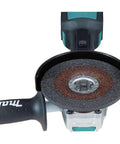 Pro Grade Cordless Angle Grinder Featuring Brushless Motor And Rapid Disc Swap System built heavy duty with a grinding disc close-up view.