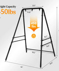 Upgraded Heavy Duty Hammock Chair Stand, Metal Swing Frame With Four Side Crossbars And Back Crossbar, Anti Slip Legs, Sturdy Steel Construction, Perfect For Porch, Backyard, Indoors Or Outdoors, Black, weight capacity 450 lbs with dimension details.