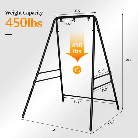 Upgraded Heavy Duty Hammock Chair Stand, Metal Swing Frame With Four Side Crossbars And Back Crossbar, Anti Slip Legs, Sturdy Steel Construction, Perfect For Porch, Backyard, Indoors Or Outdoors, Black, weight capacity 450 lbs with dimension details.