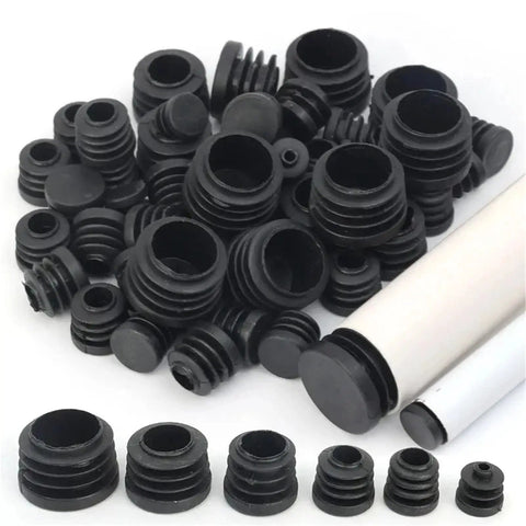 Rock Solid 20 To 100 Piece Round Plastic Chair Leg Protectors And End Caps For Furniture Table Feet. Easy Slide On Pipe Inserts Made Durable PE Plastic Tubing Covers Perfect Hardware Kit. Super Snug Fit No Tools Needed Protect Floors With Style And Tough., black PE plastic chair leg protectors and round pipe inserts in assorted sizes