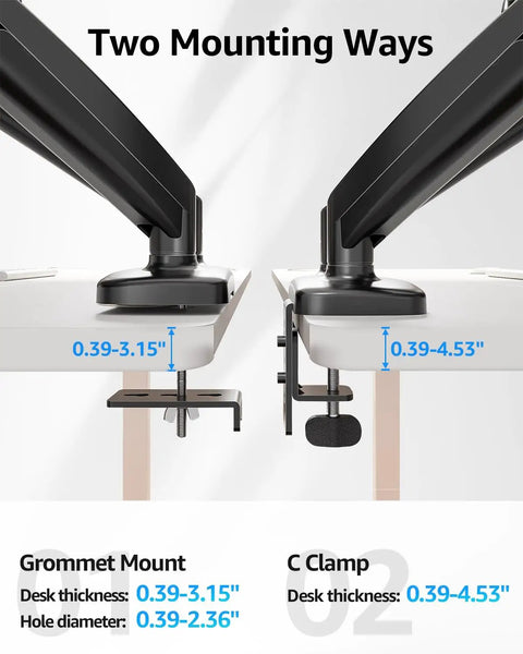 Dual Monitor Desk Arm Mount For 22 To 32 Inch Screens Height Adjustable Vesa 75x75 Or 100x100 Compatible C Clamp and Grommet Base