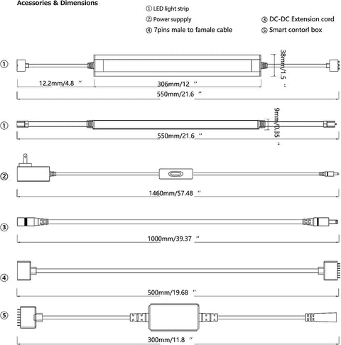Diagram of components for Under Cabinet LED Strip Lights Dope RGB Color Changing With Dimmable White showing dimensions and accessories.