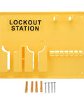 Wall Mounted Lockout Tagout Station Kit For The Shop Floor DeformationProof Heavy Duty PC Safety Supply Bright Yellow Boss Level Safety Visibility Open Design 15.2 X 11.4 Inch Enhanced Security For Energy Control Programs, yellow PC station with screws