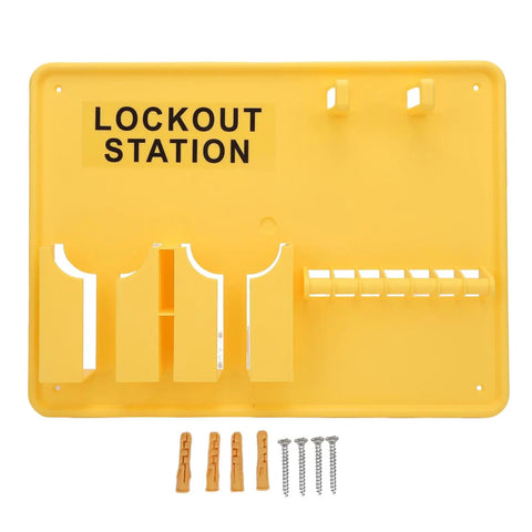 Wall Mounted Lockout Tagout Station Kit For The Shop Floor DeformationProof Heavy Duty PC Safety Supply Bright Yellow Boss Level Safety Visibility Open Design 15.2 X 11.4 Inch Enhanced Security For Energy Control Programs, yellow PC station with screws
