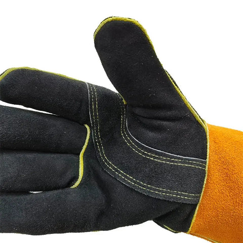 Heavy Duty Leather Welding Gloves With Extra Long Gauntlets For Extreme Heat Protection And Fireproof Work Safety In Your Shop, showing a close-up of the palm.