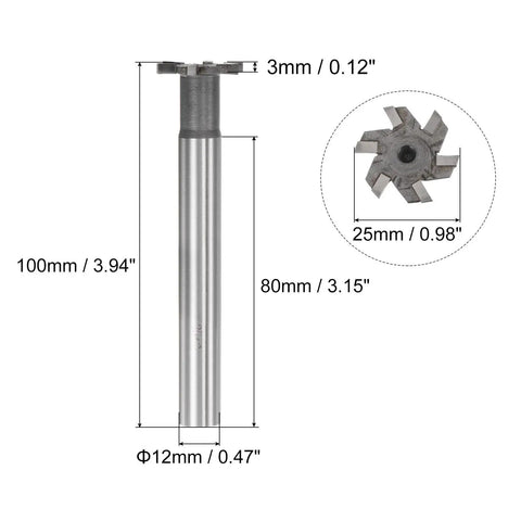 Diagram of T Slot Milling Cutter With 25mm Cutting Diameter, 3mm Depth, 12mm Shank, Tungsten Carbide Tip, 6 Flute End Mill