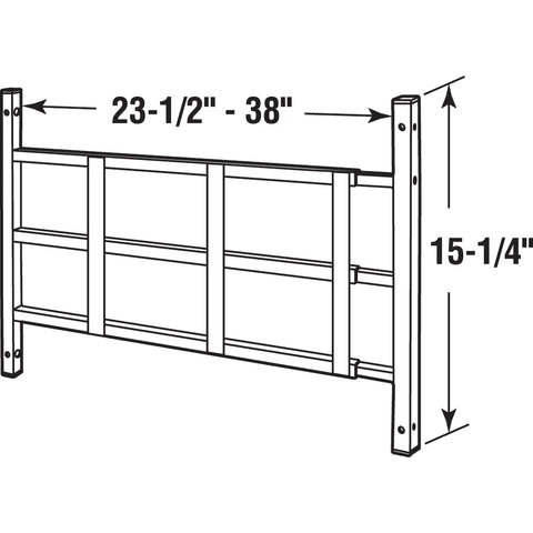 Illustration of Fixed Window Guard For Kids, Adjustable Non Egress Safety Barrier with dimensions 23.5 to 38 in wide, 15.25 in high