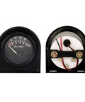 Oil pressure gauge, 52mm (2-inch), black dial with white 0–100 PSI scale.
Back view with mounting bracket, sensor, and wiring for 52mm oil pressure gauge kit.