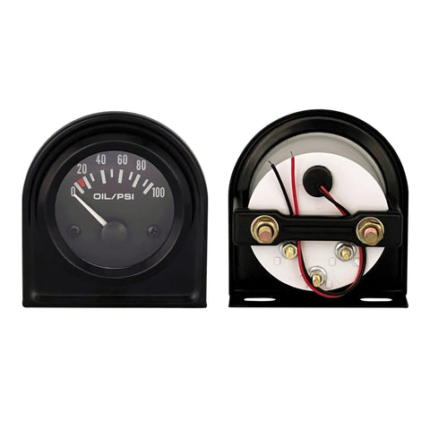Oil pressure gauge, 52mm (2-inch), black dial with white 0–100 PSI scale.
Back view with mounting bracket, sensor, and wiring for 52mm oil pressure gauge kit.