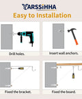 Heavy Duty Wall Mounted Closet Rod Brackets 2 Pack 12 By 10.4 Inch Steel Supports installation steps with tools on wall.