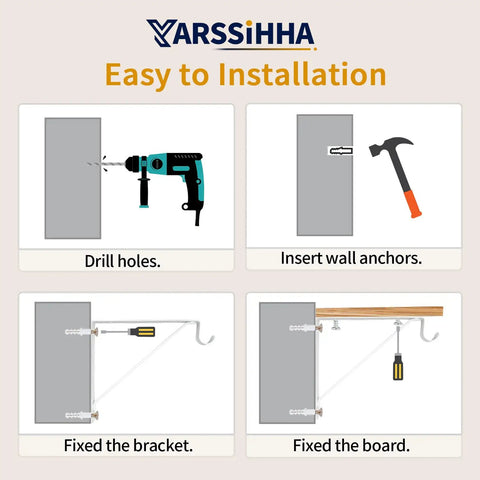 Heavy Duty Wall Mounted Closet Rod Brackets 2 Pack 12 By 10.4 Inch Steel Supports installation steps with tools on wall.