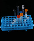 Heavy Duty Test Tube Rack For 5 To 15ml Tubes, 50 Holes, 18mm Openings, Blue ABS Plastic With Silicone Pad, Autoclavable