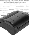 No Sweat Portable Thermal Receipt Printer, 80MM Width, 2600mAh Battery side view with USB port and language welcome text.