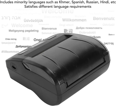 No Sweat Portable Thermal Receipt Printer, 80MM Width, 2600mAh Battery side view with USB port and language welcome text.
