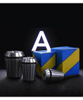 Heavy Duty Spring Collet Chuck For Engraving And Milling CNC Lathe Tools Includes ER11 16 20 25 32 40 Sizes on a dark background.