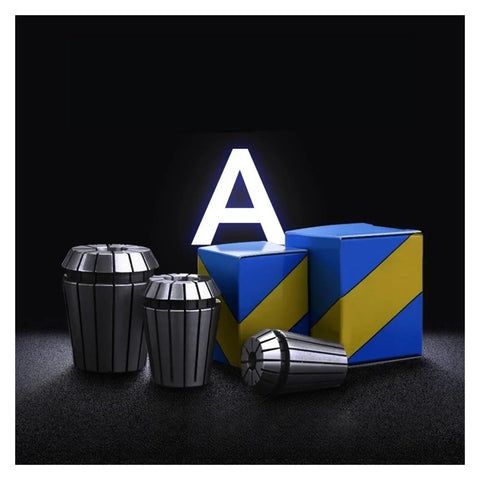 Heavy Duty Spring Collet Chuck For Engraving And Milling CNC Lathe Tools Includes ER11 16 20 25 32 40 Sizes on a dark background.