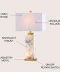 White Gold Modern Alabaster Rectangular Table Lamp With Night Light For Bedroom Coastal Vibe Bedside Lamp With White Linen Shade